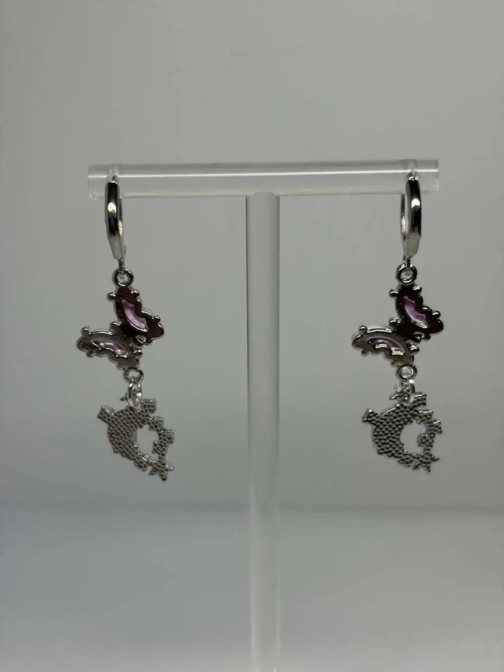 Iridescent Purple Butterfly and Moon Dangle Stainless Steel Earrings